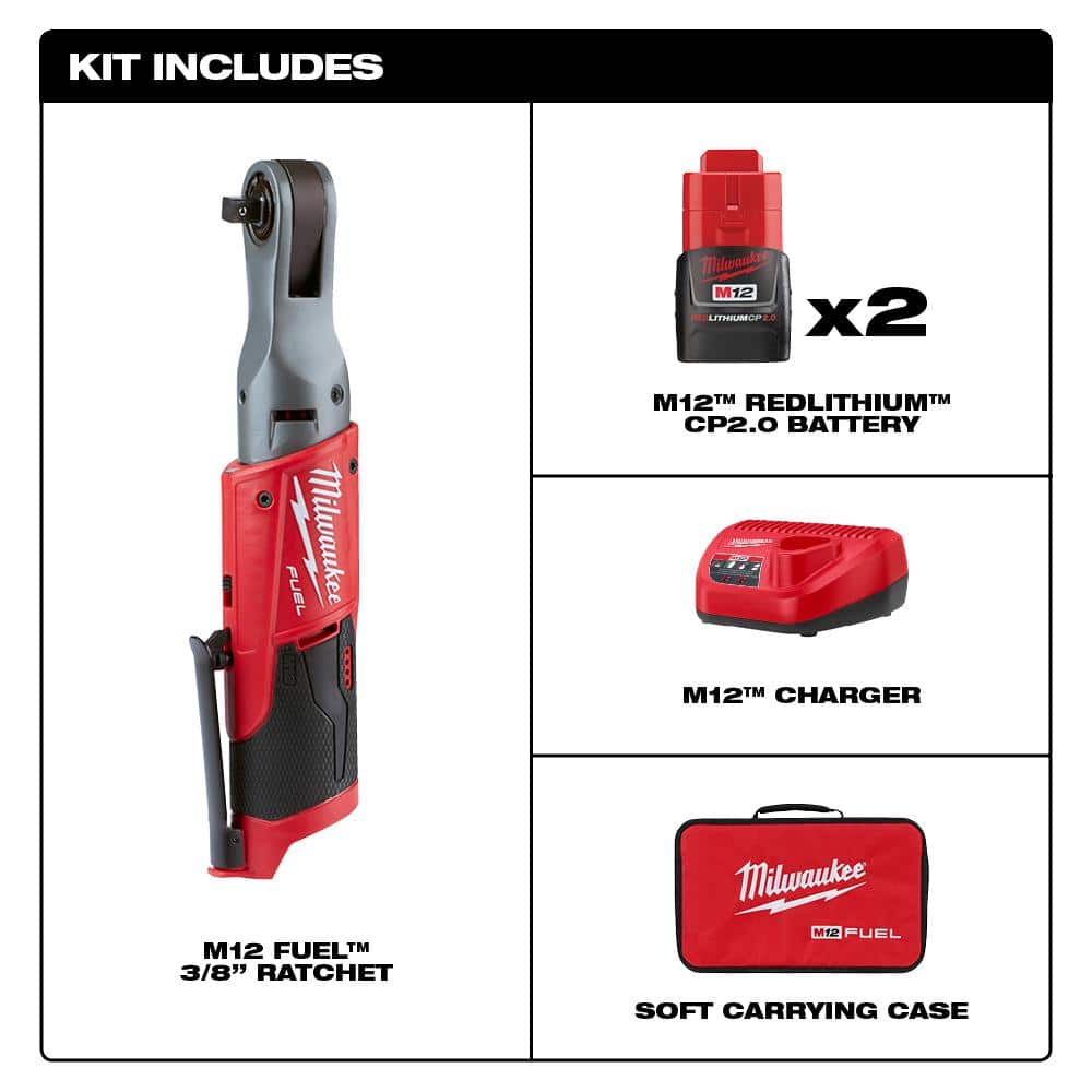 M12 FUEL 12V Lithium-Ion Brushless Cordless 3/8 in. Ratchet Kit with (2) 2.0Ah Batteries, Charger & Tool Bag 2557-22