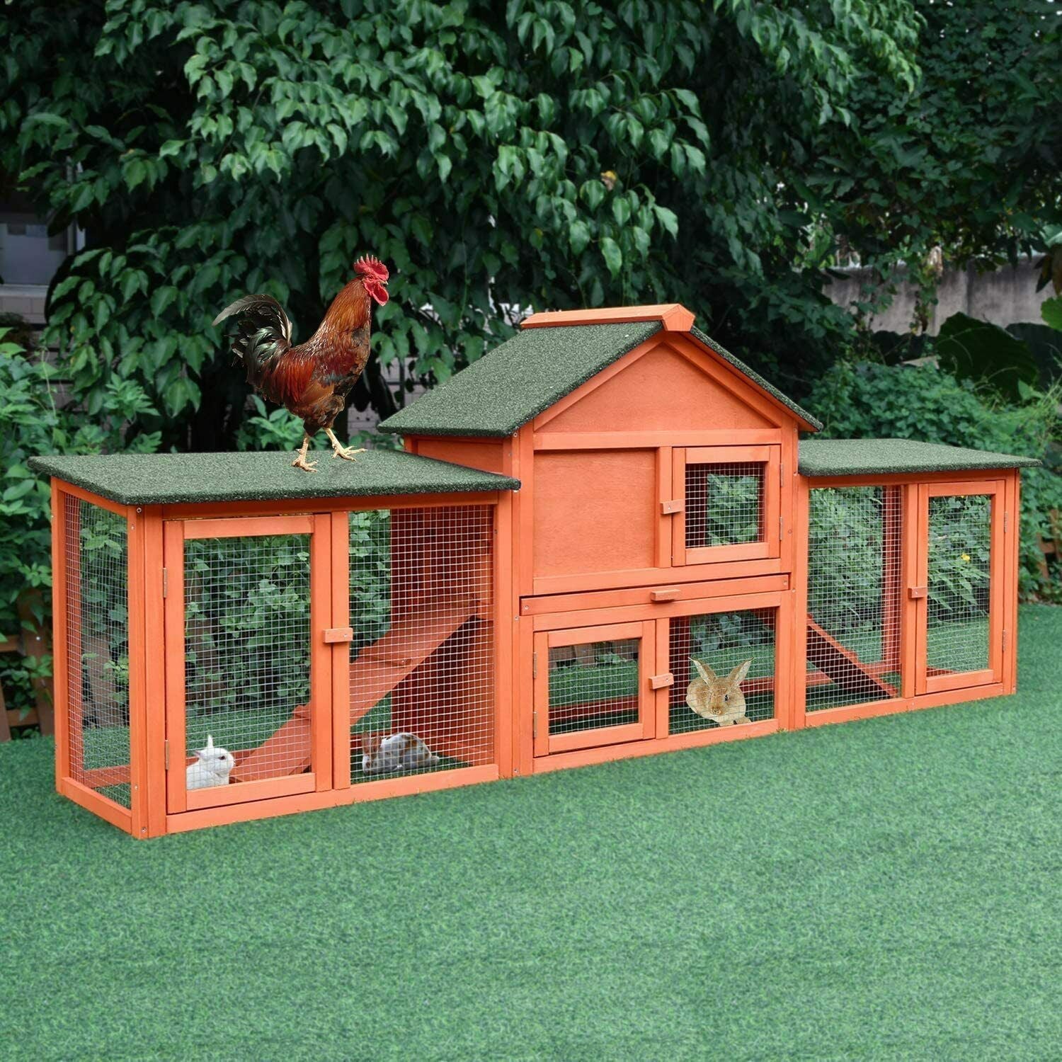 streakboard 83'' Large Rabbit Hutch Backyard Wooden Chicken Coop Bunny Poultry Cage W/ Ramp