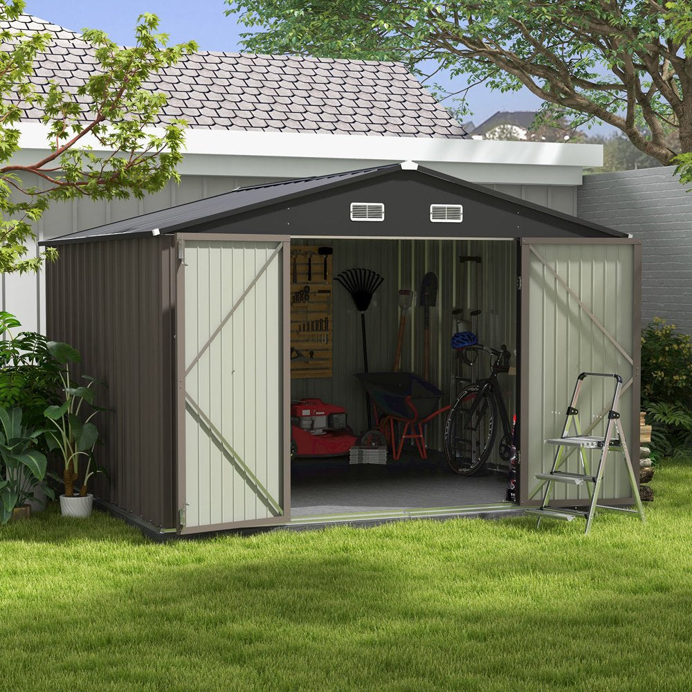 Patiowell 10��10 ft Metal Storage Shed, Sloping Roof, Double Lockable Doors, Galvanized Steel, Coffee Brown