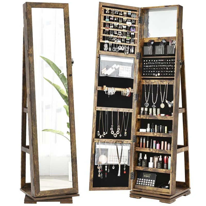 360 Rotating Jewelry Armoire With Higher Full Length Mirror 3 In 1 Freestanding Lockable Jewelry Cabinet Organizer