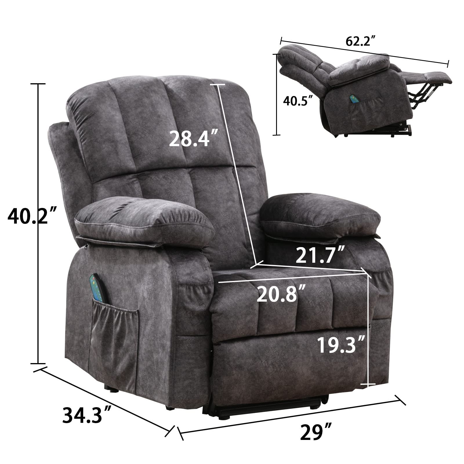 VON RACER Power Lift Recliner Chairs with Heat and Massage Lift Chair Recliners for Elderly with 2 Side Pocket, USB Port Remote Control, Adjustable Furniture