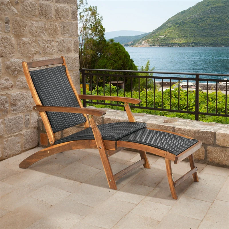 Acacia Wood Rattan Folding Outdoor Chaise Lounge Chair With Retractable Footrest Pool Lounge Chair Patio Sun Lounger - Comfortable And Ergonomic Design