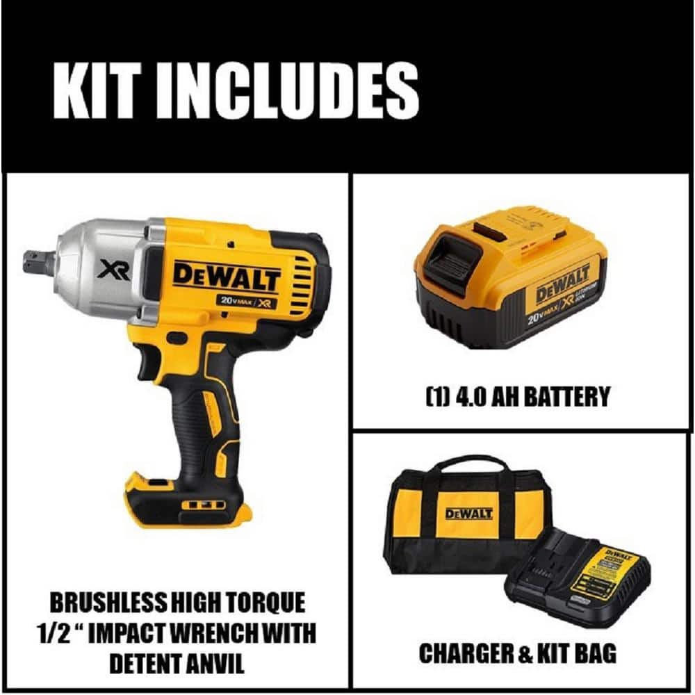 20V MAX XR Cordless Brushless 1/2 in. High Torque Impact Wrench with Detent Pin Anvil and (1) 20V 4.0Ah Battery DCF899M1
