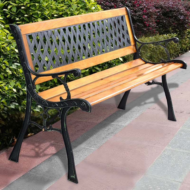 Large Cast Iron Outdoor Bench Seat Weatherproof Wooden Garden Bench For Patio Park Porch