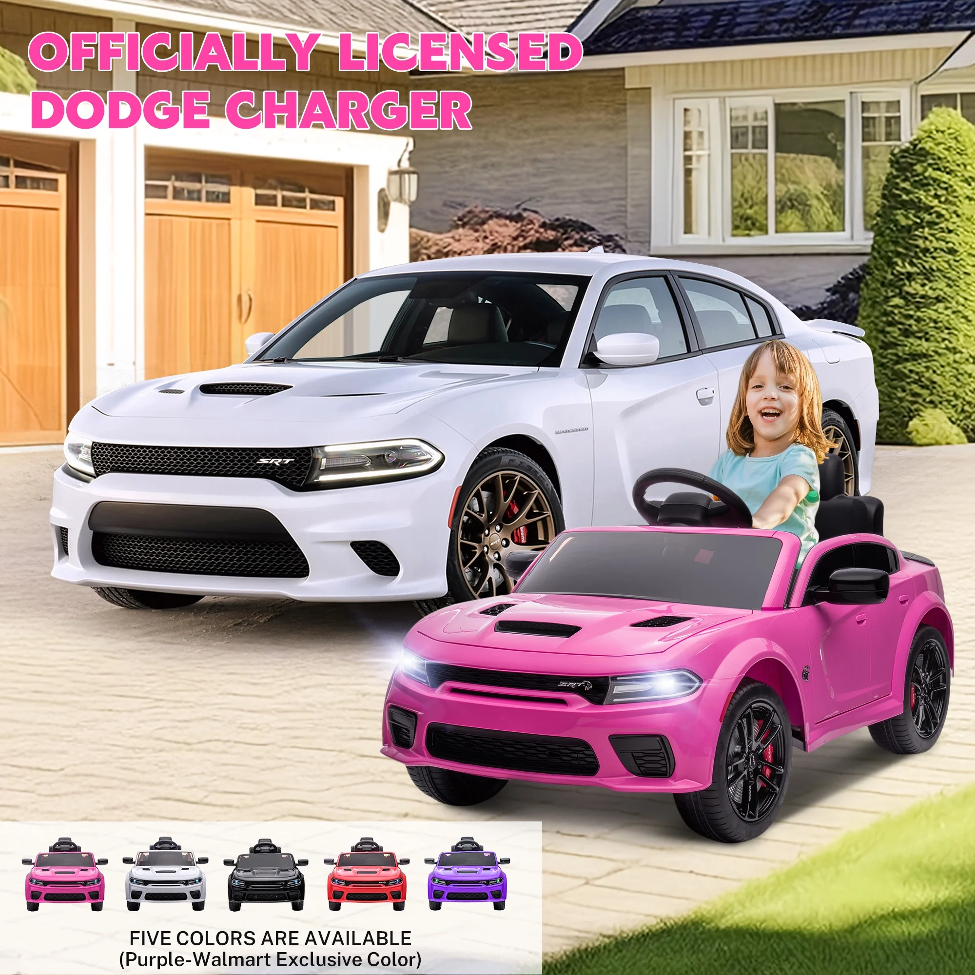 Dodge Electric Ride on Cars for Kids, 12V Licensed Dodge Charger SRT Powered Ride On Toys Cars with Parent Remote Control, Electric Car for Girls 3-5 w/Music Player/LED Headlights/Safety Belt, Pink