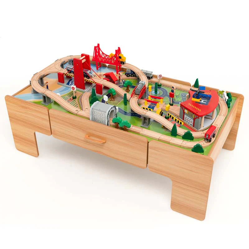2 In 1 Wooden Toddler Train Table Kids Activity Table Set With Storage 100 Multicolor Pieces Tracks Trains Cars Reversible Tabletop - High Quality Set For Everyday Use
