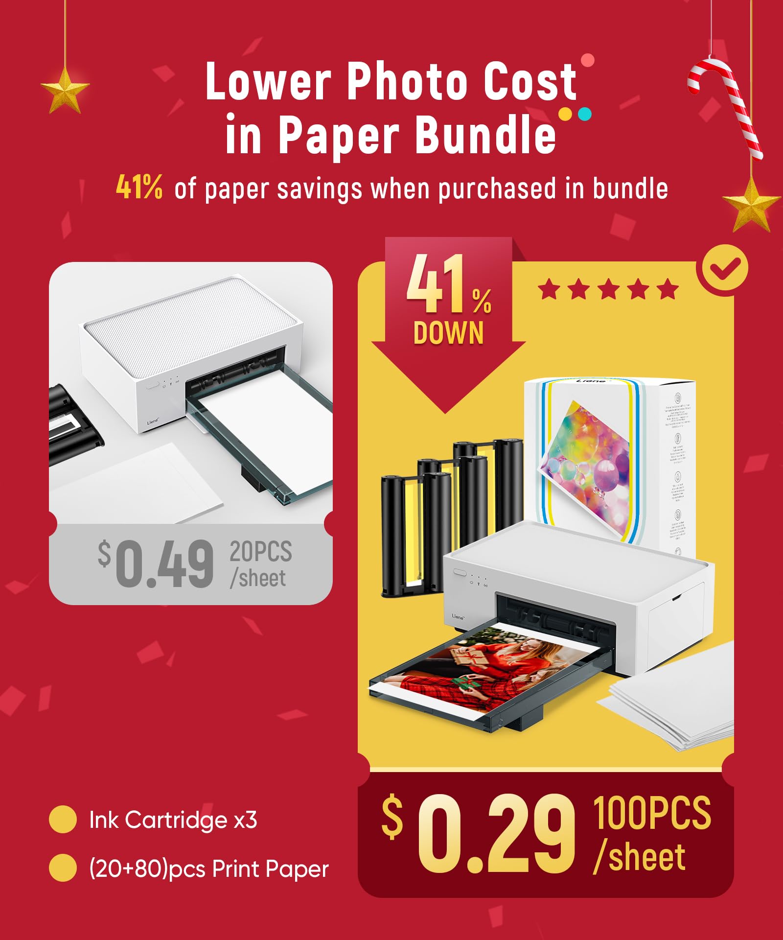 Liene 4��6 Photo Printer with Wi-Fi, 100 Sheets, Thermal-Dye Sublimation, for iPhone & Android