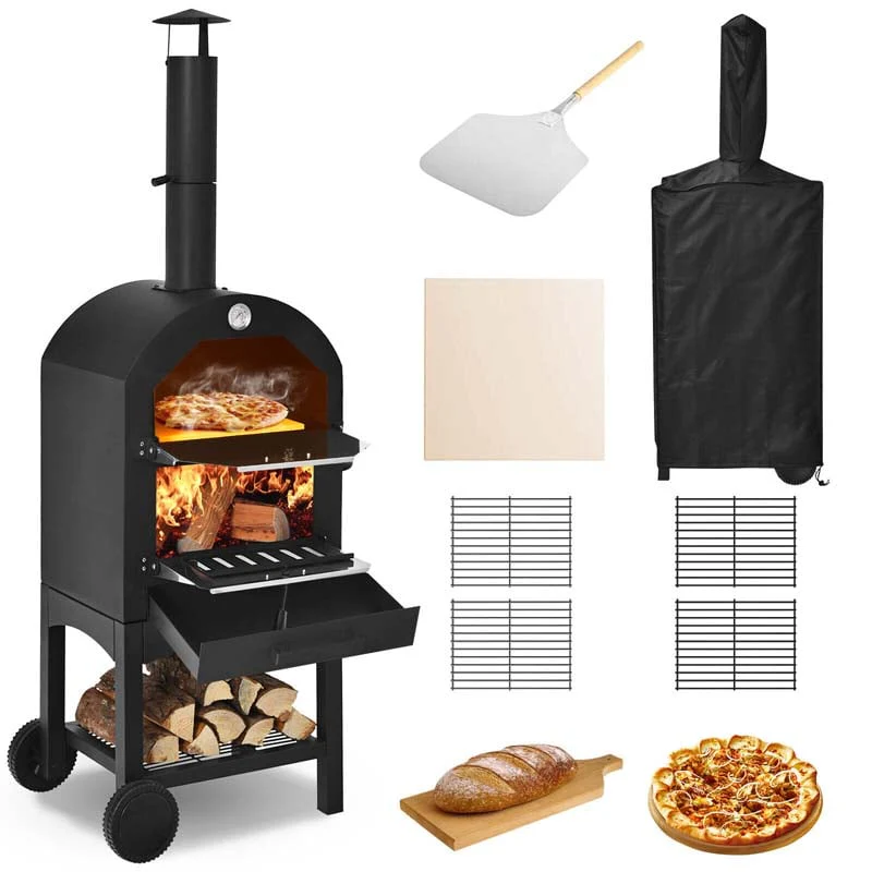 2 Layer Steel Outdoor Pizza Oven Wood Fire Pizza Grill Maker With Wheels Pizza Stone Amp Peel Waterproof Cover - Waterproof Protective Cover