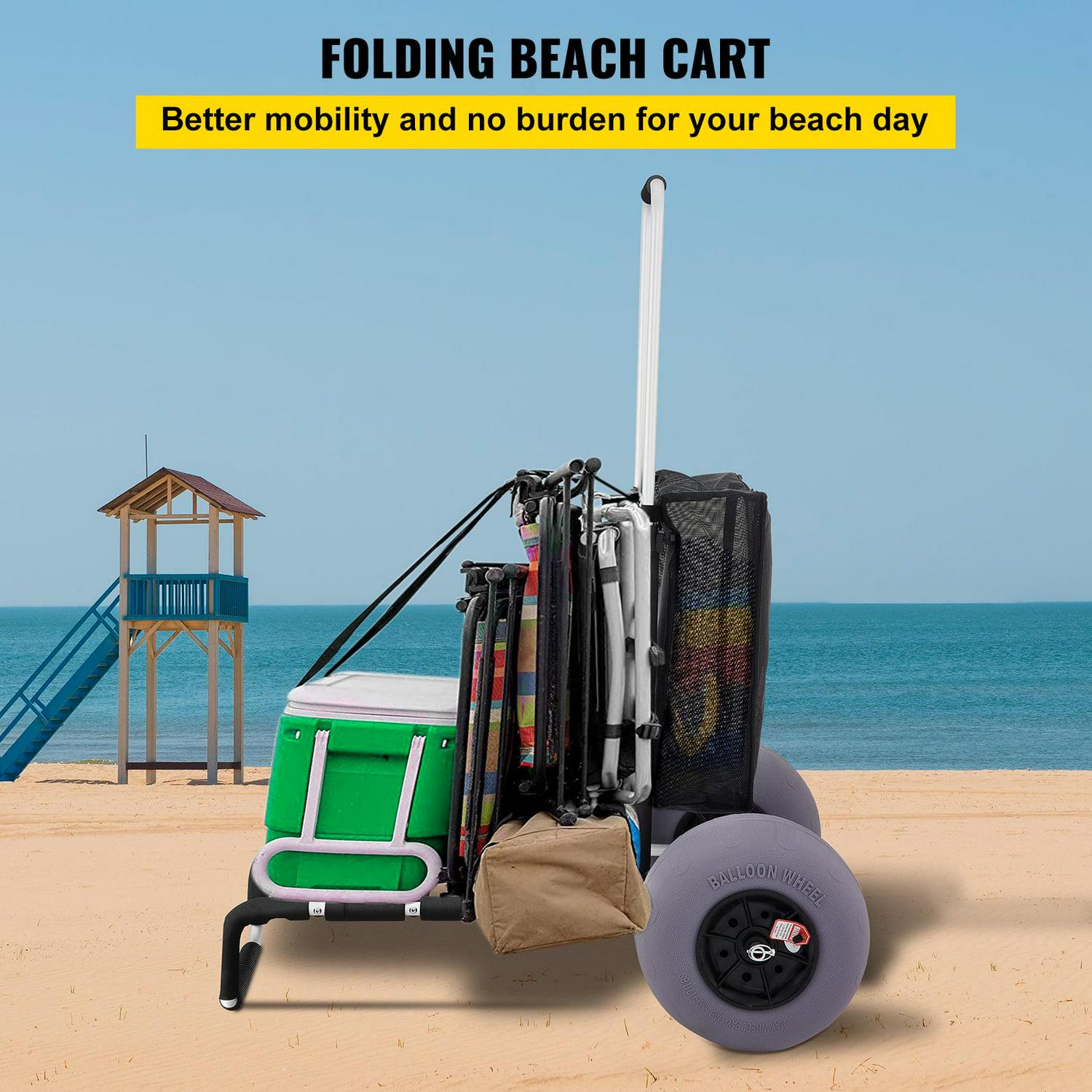 BENTISM Beach Cart for Sand, 165 lbs Capacity, Foldable, Adjustable Handle, 13��� Balloon Wheels, Black