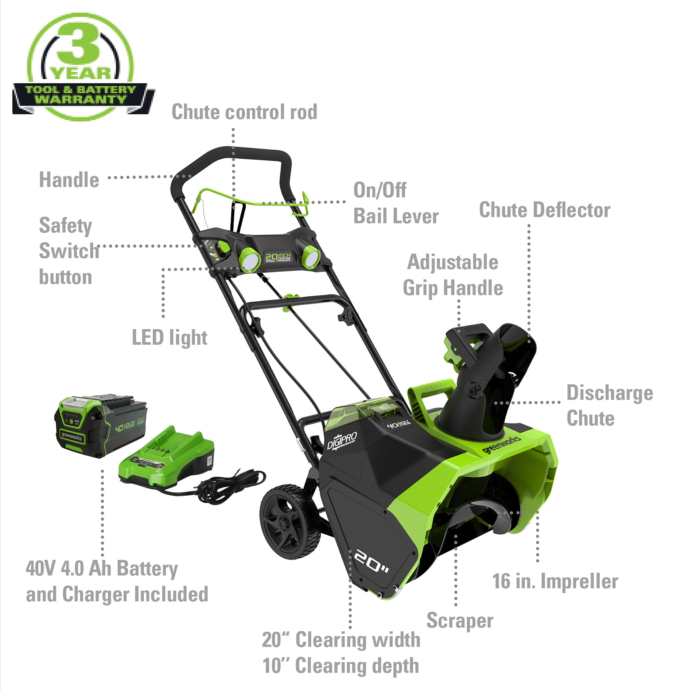 Greenworks 40V 20��� Cordless Brushless Snow Blower with 4.0 Ah Battery & Charger, LED Lights, 180�� Chute