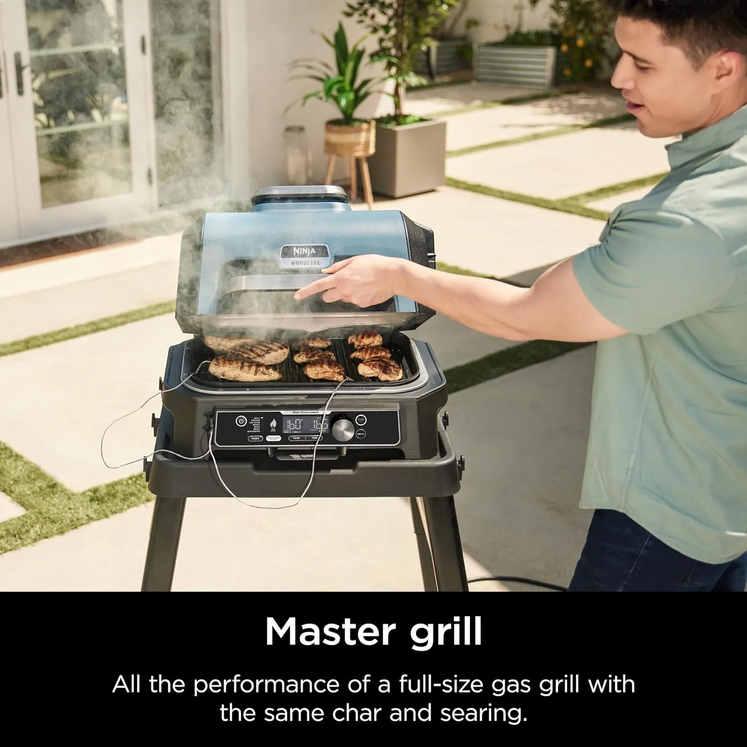 Premium XL Outdoor Grill & Smoker, Bluetooth, App Enabled, 7 in 1 Master Grill, BBQ Smoker, Outdoor Air Fryer, Woodfire Technology, 2 Built In Thermometers, Black