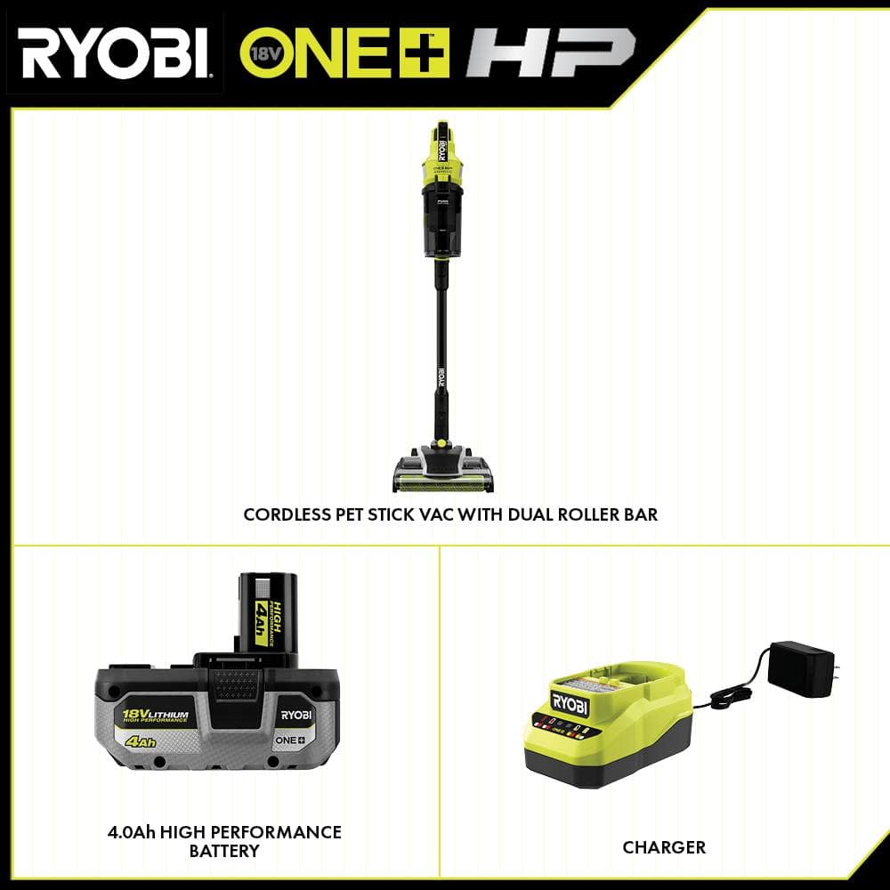 ONE+ HP 18V Brushless Cordless Pet Stick Vac with Kit with Dual-Roller, 4.0 Ah HIGH PERFORMANCE Battery, and Charger PBLSV717K