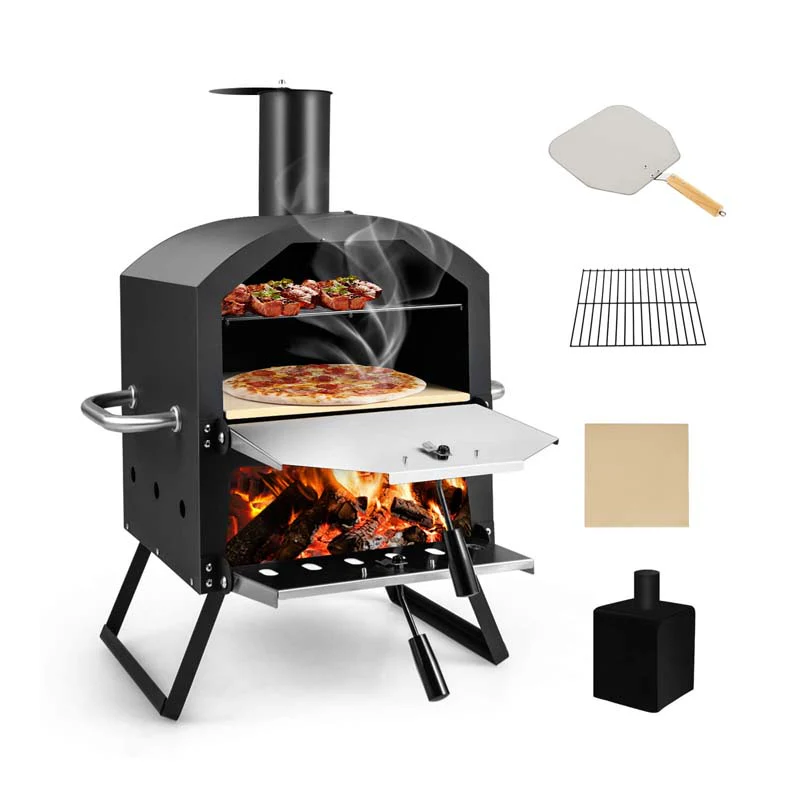 2 Layer Outdoor Pizza Oven Wood Fired For Camping Bbq Stainless Steel Portable Grill Pizza Maker With Folding Legs