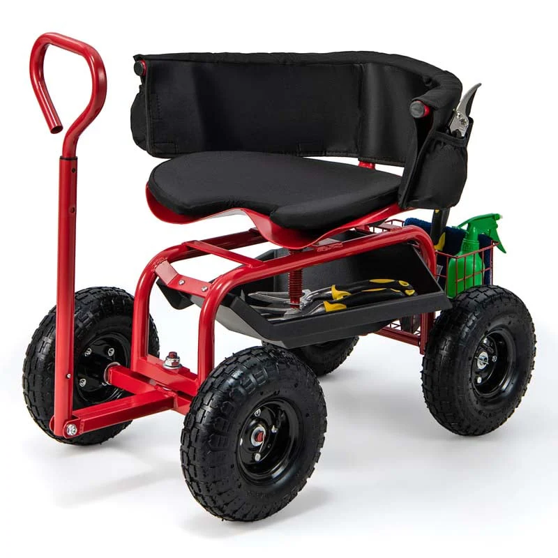Cushioned Rolling Garden Cart Workseat Yard Wagon Scooter With Storage Basket Amp Extendable Steering Handle