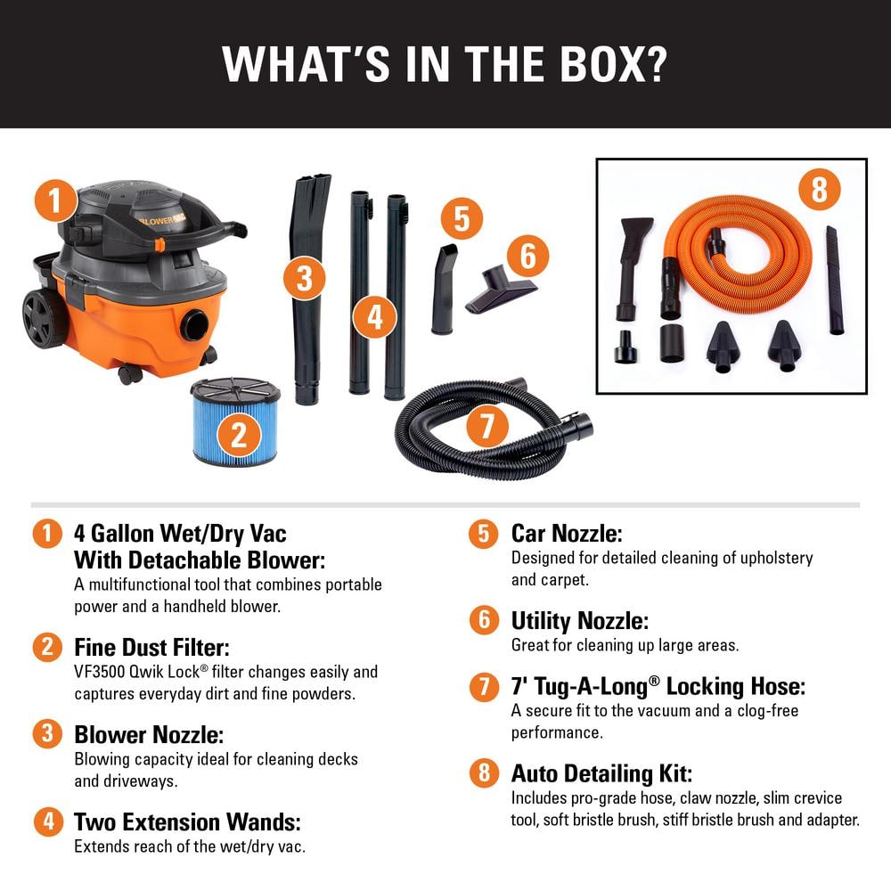 4 Gal. 6.0 Peak HP Wet/Dry Shop Vacuum with Detachable Blower, Fine Dust Filter, Hose, Accessories and Car Cleaning Kit WD4080A