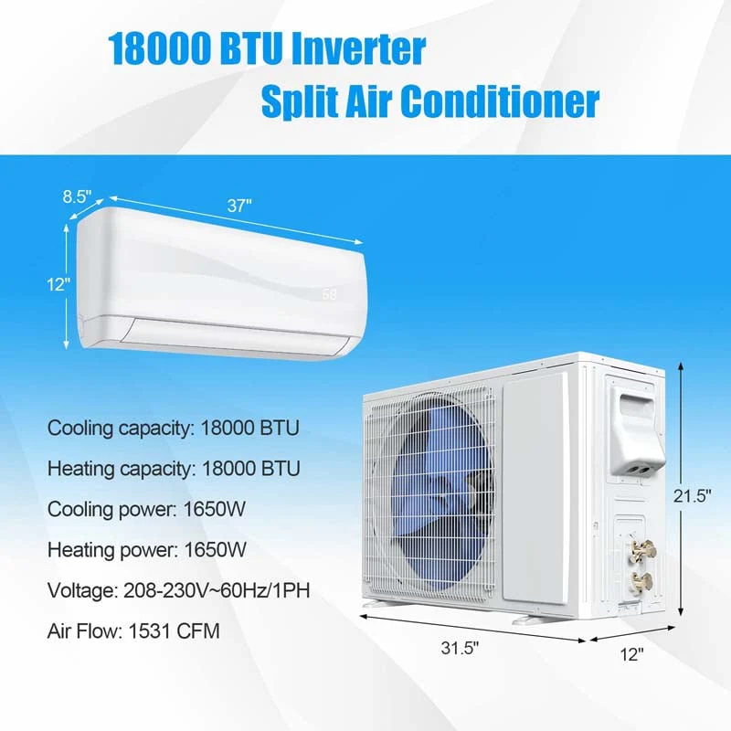 18000Btu Ductless Mini Split Air Conditioner 208 230V 19 Seer2 Wall Mounted Inverter Ac Unit With Heat Pump
