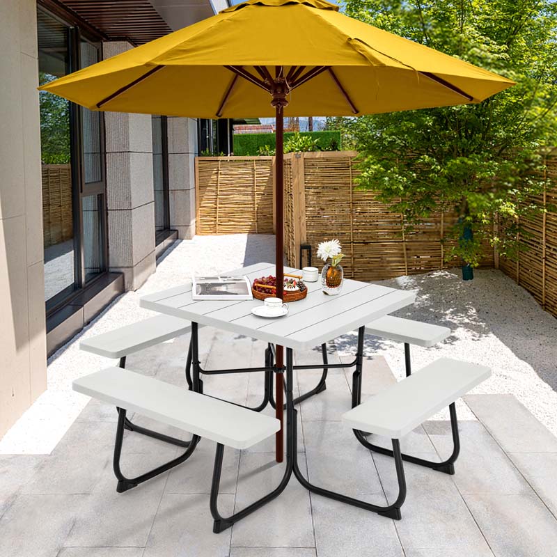 8 Person Hdpe Outside Table Amp Bench Set Outdoor Square Picnic Table With 4 Built In Benches Umbrella Hole Metal Frame - High Quality Set For Everyday Use