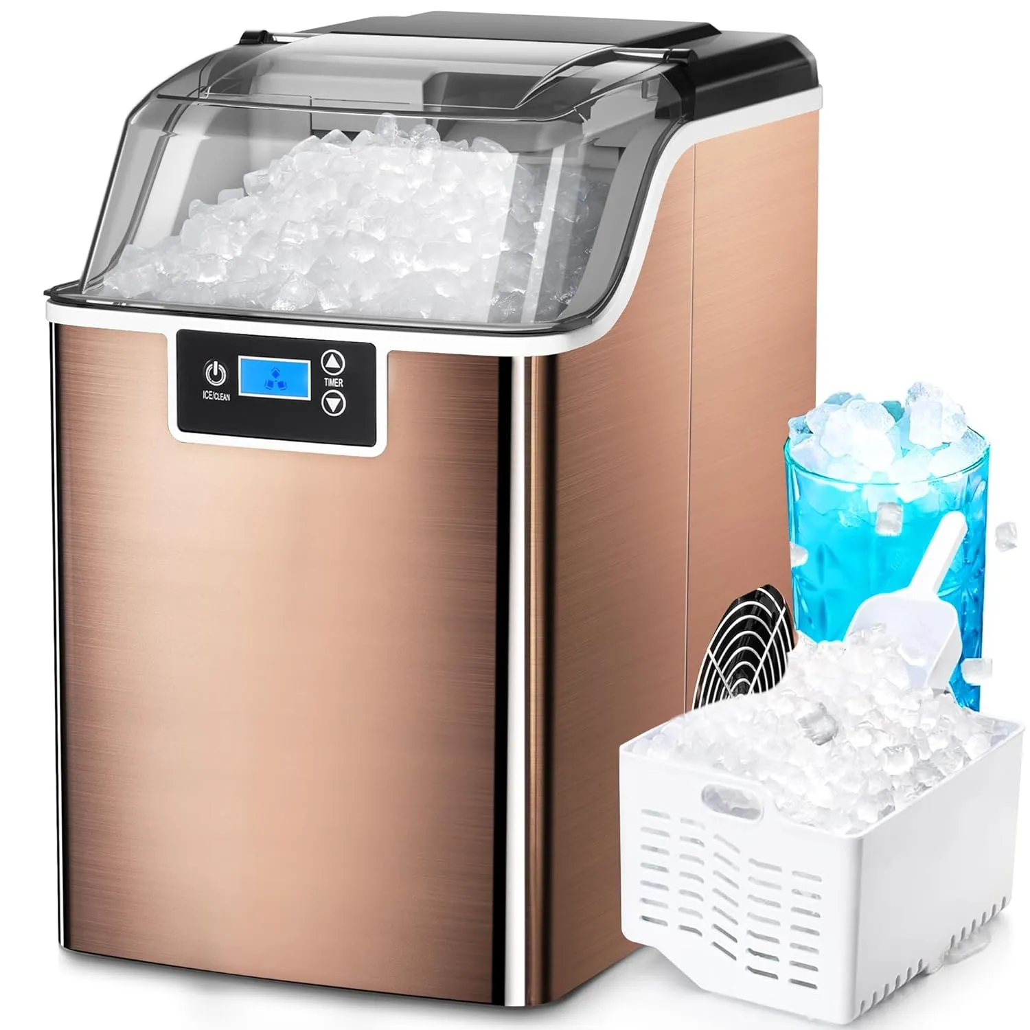 Ice Makers Countertop, 45lbs/Day Pebble Ice Maker Machine with 24 Hour Timer, Self Cleaning Sonic ice Maker with Ice Scoop