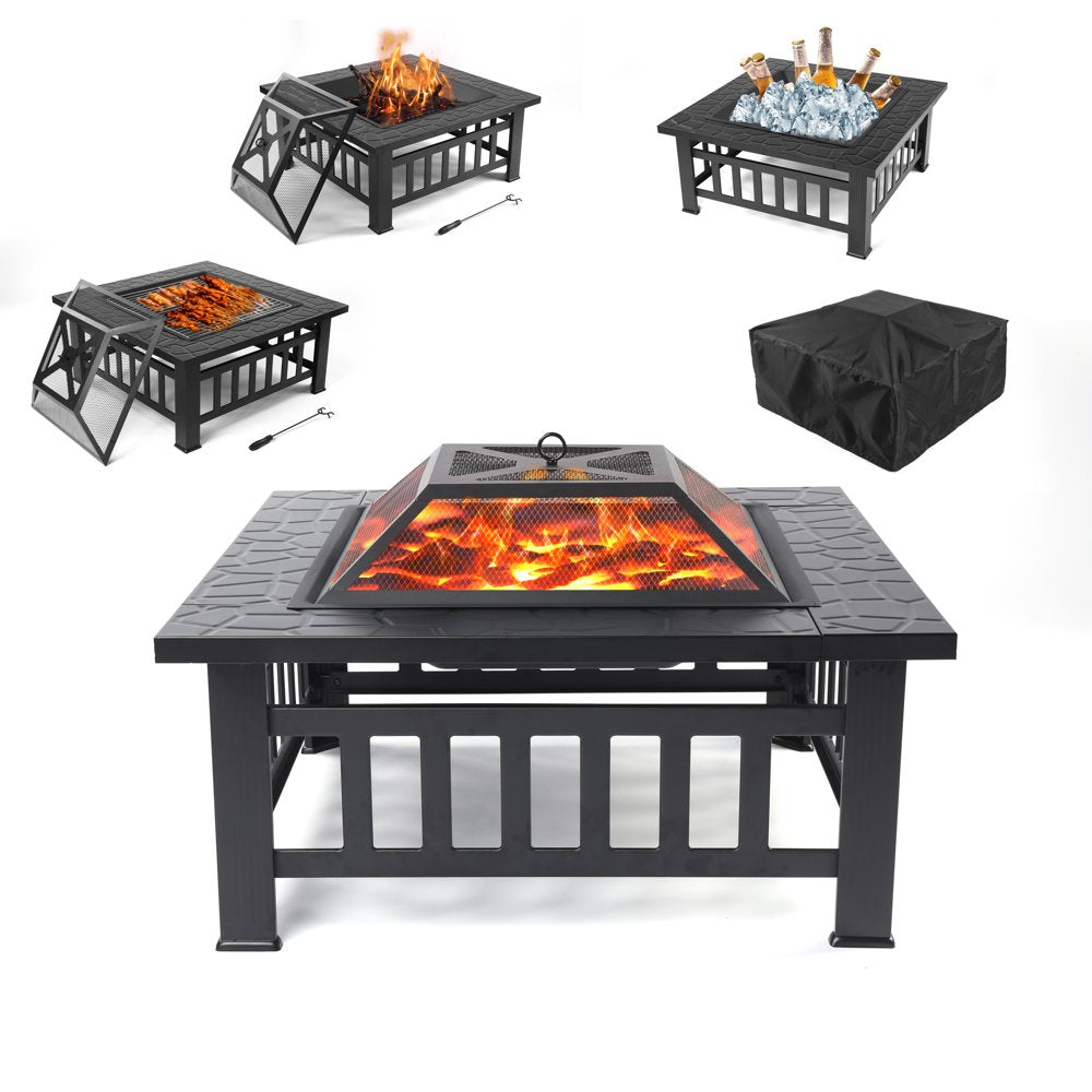 Uhomepro 32" Wood Burning Fire Pit Tables with Screen Lid, Poker, BBQ Net, Ice Tray, Food Clip and Cover