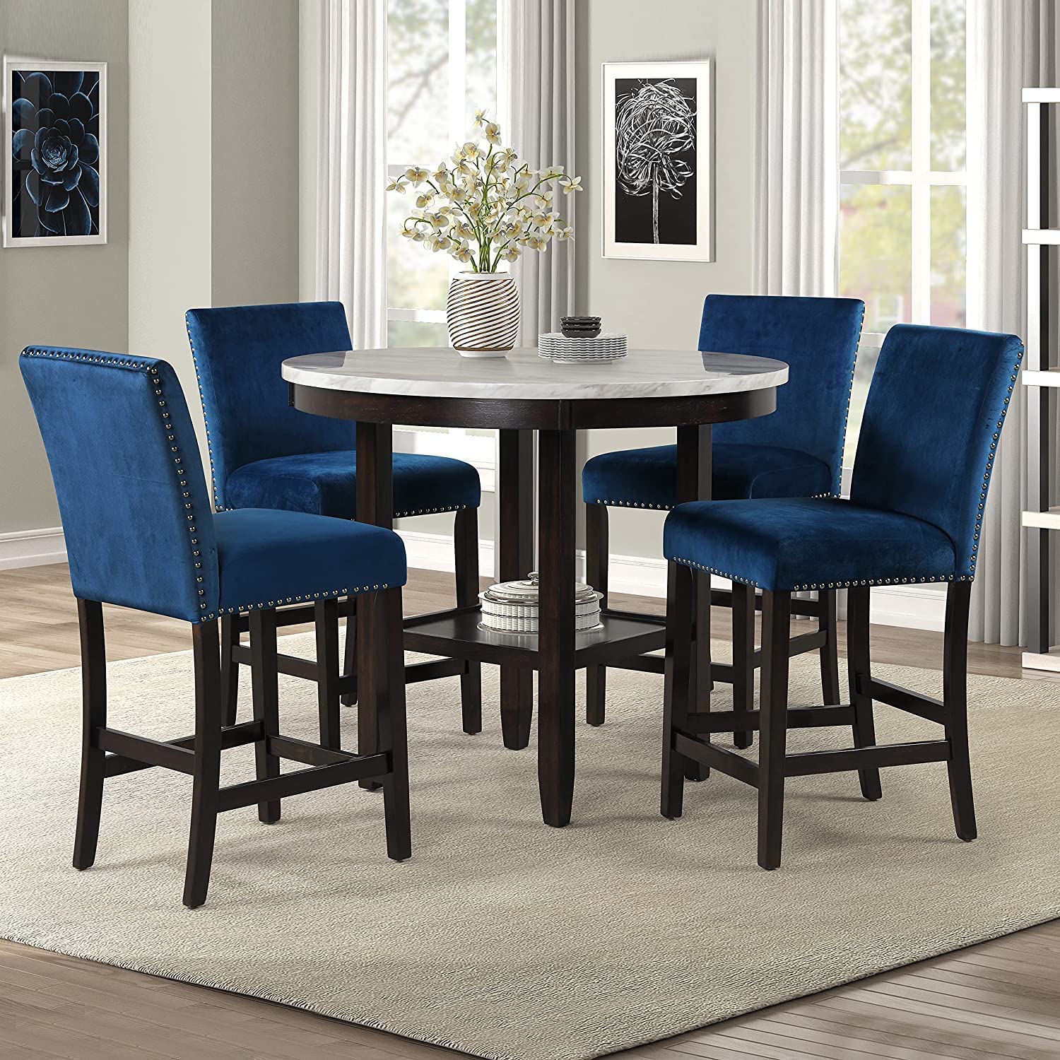 New Classic Furniture Celeste 5-Piece Faux Marble Round Counter Set with 1 Table and 4 Chairs, 42-Inch, Blue