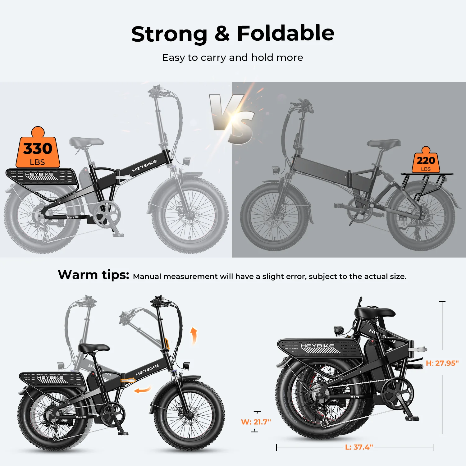 Heybike Mars 2.0 Fat Tire Electric Bike for Adults with 750W Motor, Foldable Ebike with 600Wh Removable Battery, 20