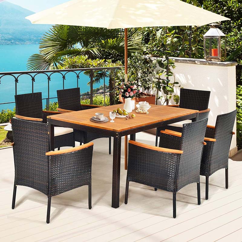 7 Pcs Rattan Patio Dining Set With Umbrella Hole Acacia Wood Tabletop Amp Cushioned Stackable Armchairs - High Quality Set For Everyday Use