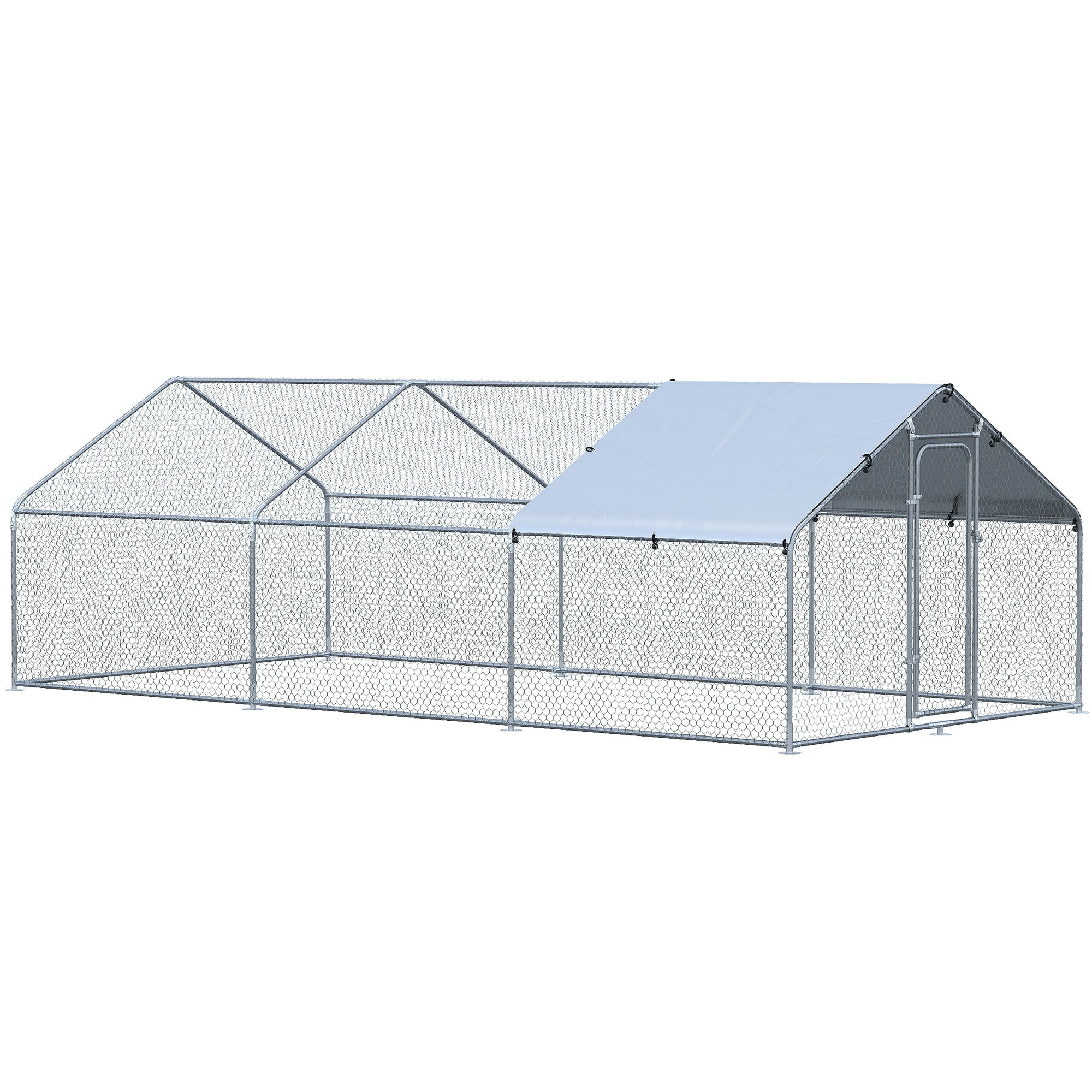 PawHut Galvanized Large Metal Chicken Coop Cage, 3 Room Walk-in Enclosure, Poultry Hen House with UV and Water Resistant Cover for Outdoor Backyard, 10' x 19.7' x 6.4'