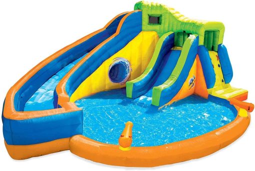 BANZAI Pipeline Twist Kids Inflatable Outdoor Backyard Water Pool Aqua Splash Park and Slides with Climbing Wall, Water Cannons, & Clubhouse, Ages 5