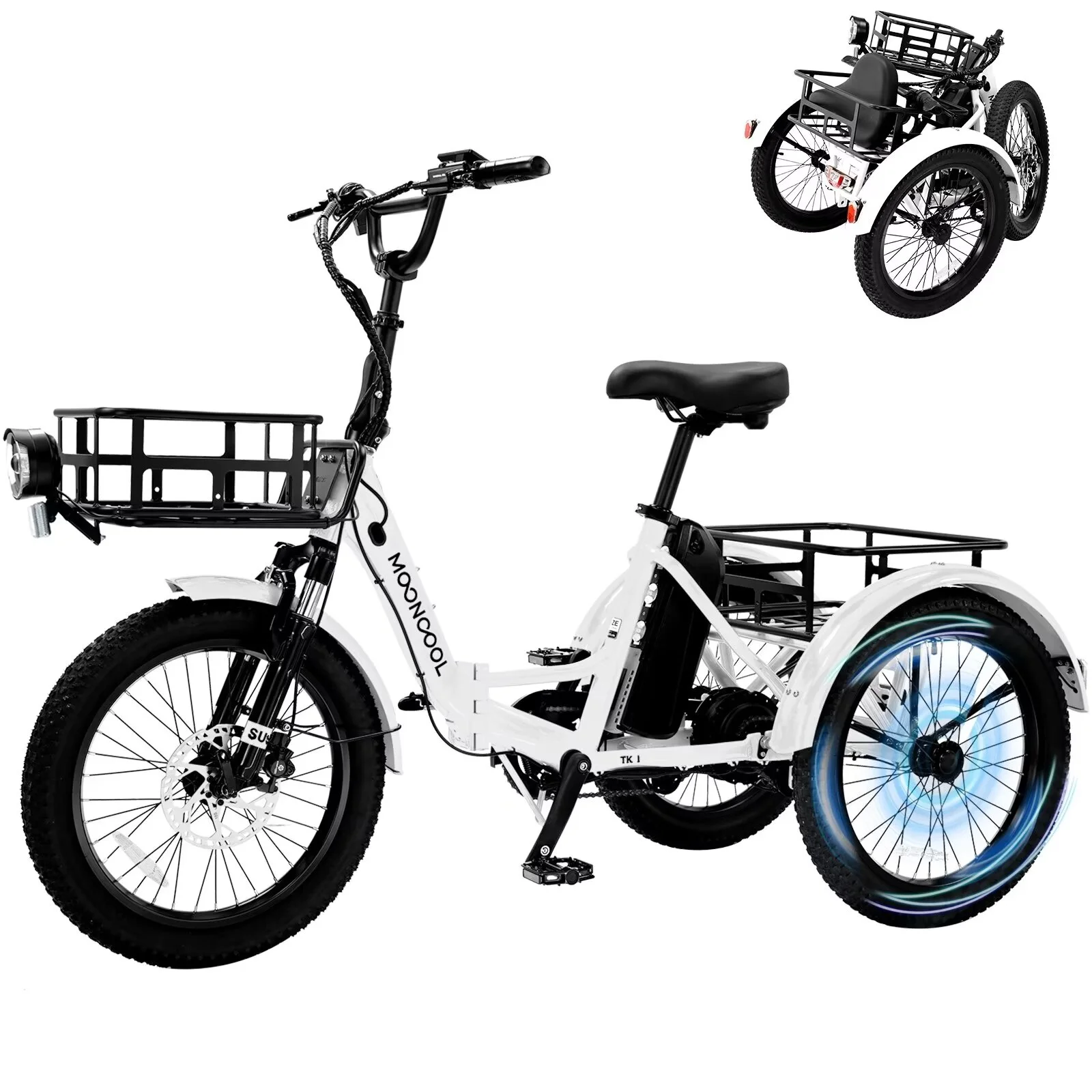 MOONCOOL TK1 Electric Folding Tricycle for Adults & Seniors,three 20*3in Fat Tires Ebike with 500W Motor & 48v 14.5Ah Detachable lithium battery,White