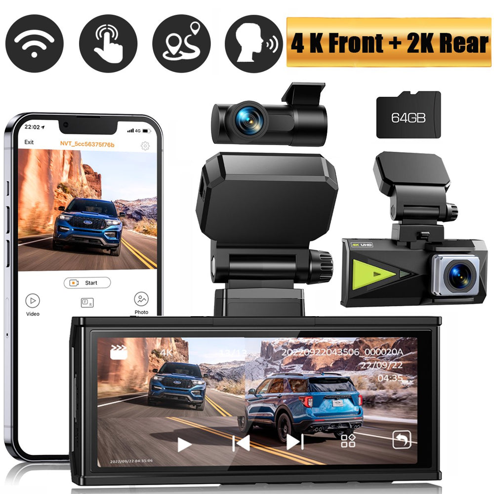 TOGUARD Dash Cam 4K with 5Ghz Wifi GPS, 4K 2K Dash Cam Front and Rear 3.16" Touch Screen with 64GB Memory Card