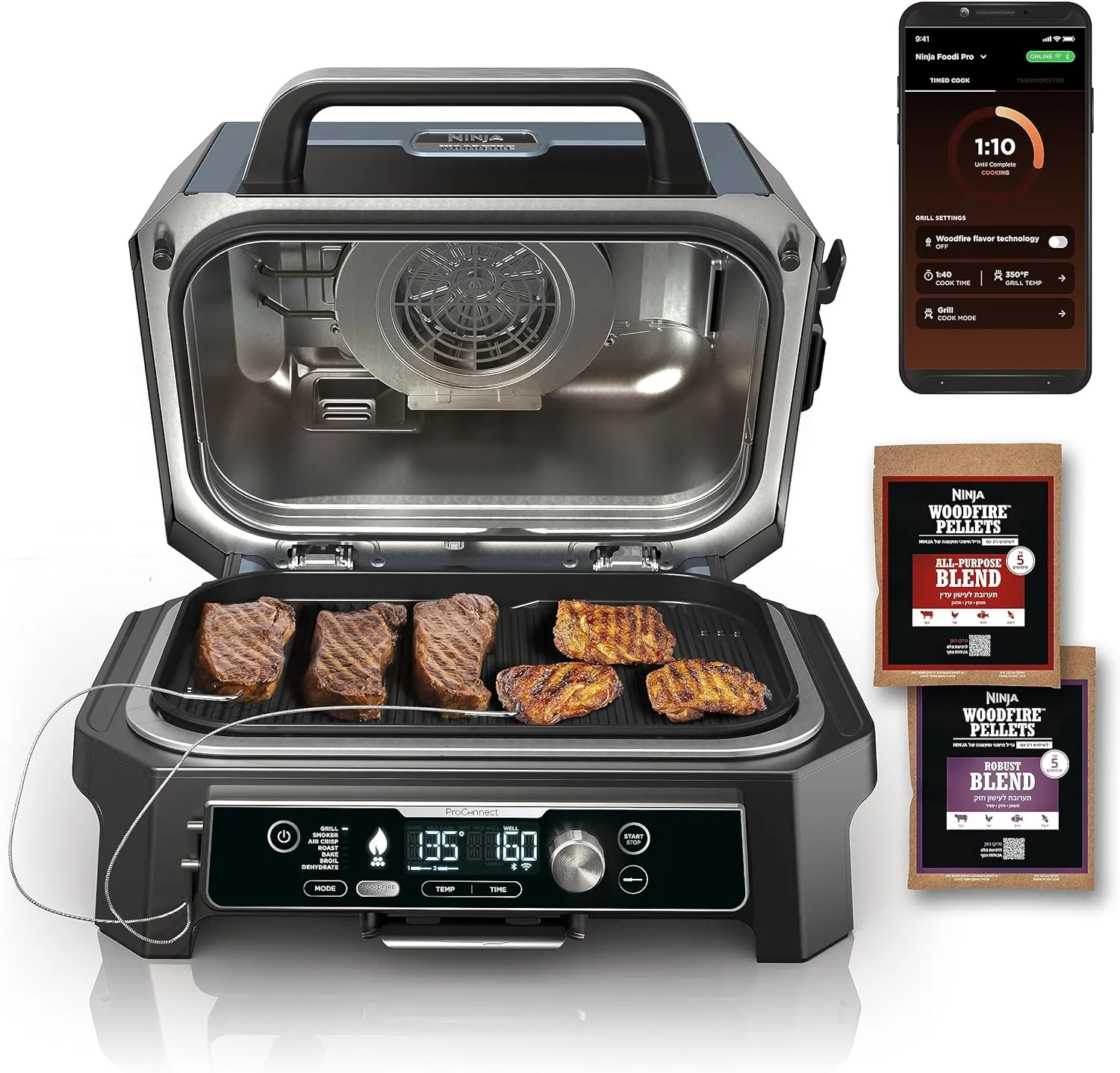Premium XL Outdoor Grill & Smoker, Bluetooth, App Enabled, 7 in 1 Master Grill, BBQ Smoker, Outdoor Air Fryer, Woodfire Technology, 2 Built In Thermometers, Black