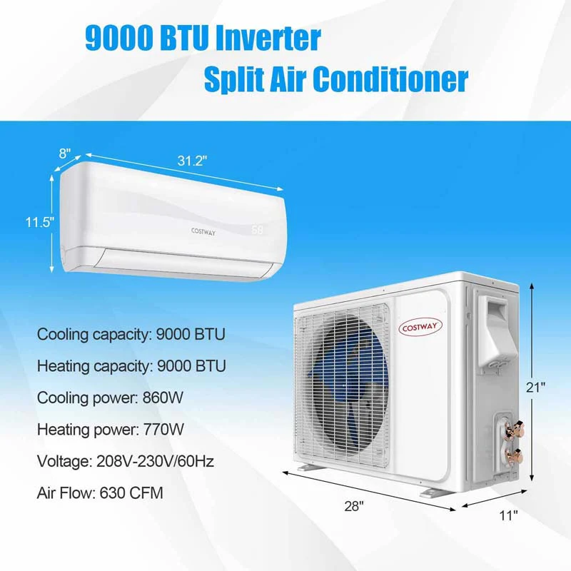 9000 Btu 17 Seer2 Mini Split Air Conditioner Amp Heater Ductless Inverter System 208 230V Wall Mounted Ac Unit With Heat Pump