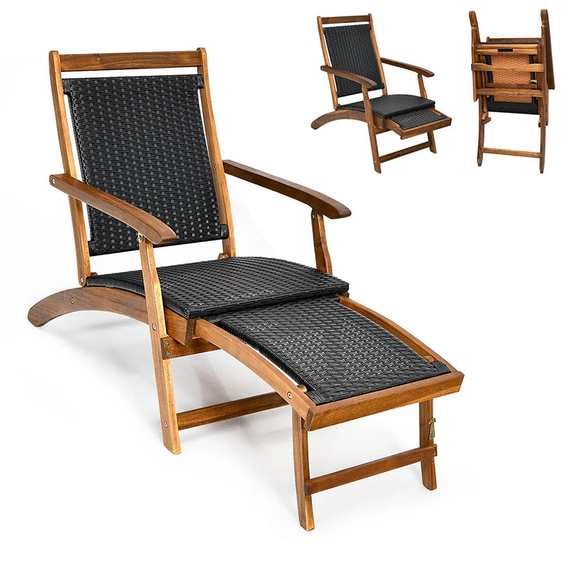 Acacia Wood Rattan Folding Outdoor Chaise Lounge Chair With Retractable Footrest Pool Lounge Chair Patio Sun Lounger - Comfortable And Ergonomic Design