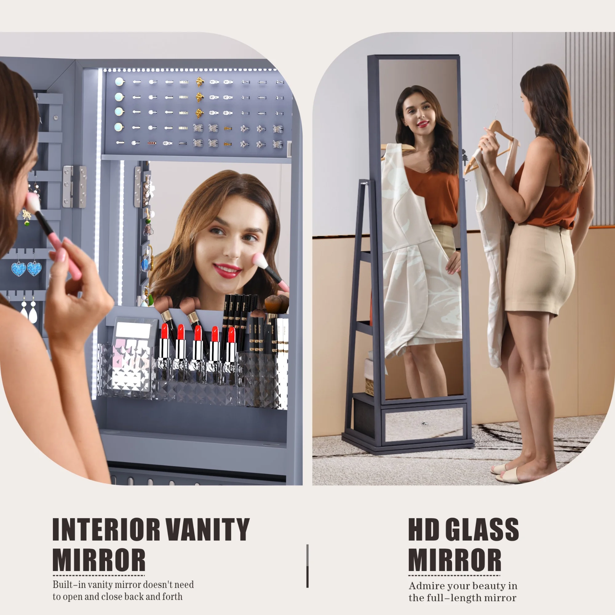 FREDEES Standing Jewelry Cabinet with Mirror and Lights, Wooden Jewelry Armoire Organizer with Full Length Mirror for Women, Grey