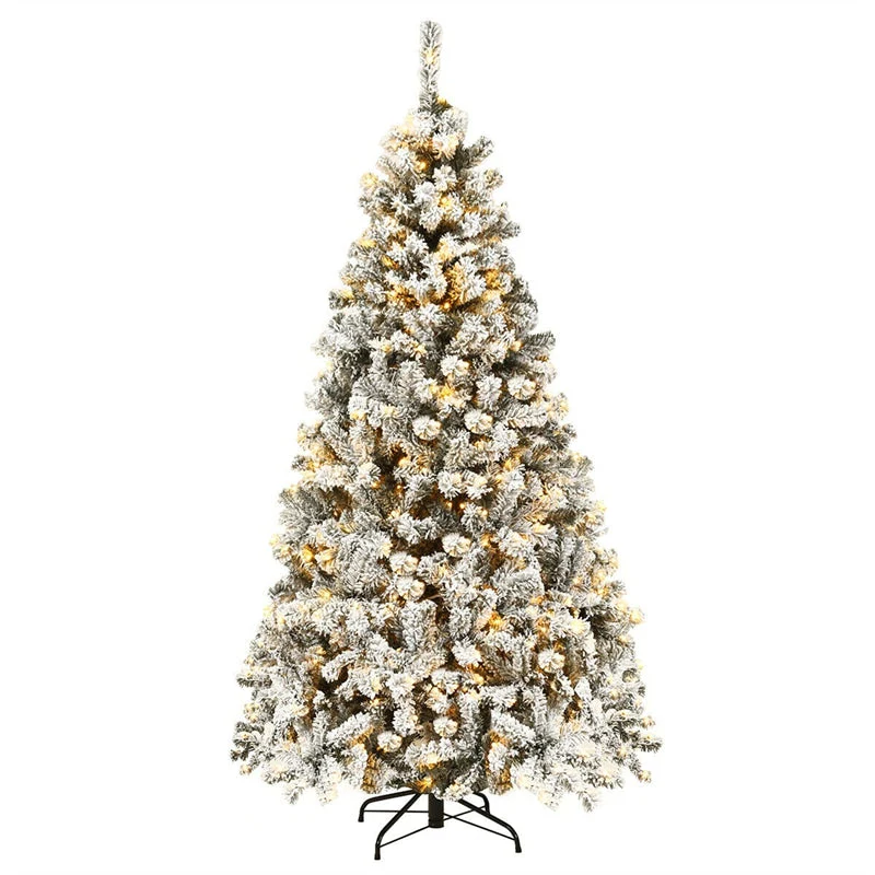Premium Pre Lit Snow Flocked Artificial Christmas Tree With Hinged Branch Tips Amp Led Lights