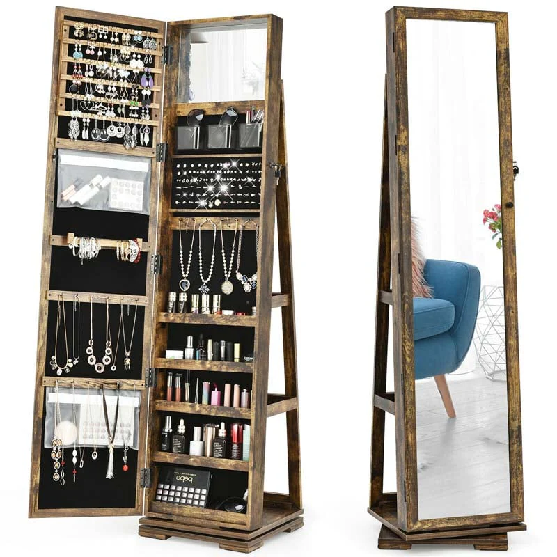 360 Rotating Jewelry Armoire With Higher Full Length Mirror 3 In 1 Freestanding Lockable Jewelry Cabinet Organizer