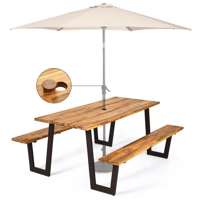 70Quot Patented Picnic Table Bench Set With Umbrella Hole Acacia Wood Outdoor Dining Table Bench Set - High Quality Set For Everyday Use