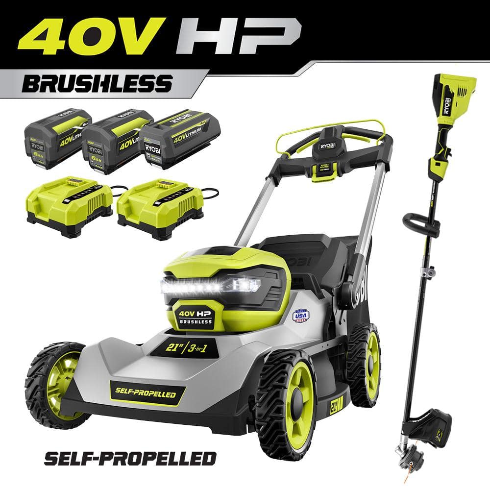 40V HP Brushless 21 in. Cordless Walk Behind Self-Propelled Lawn Mower & Trimmer - (3) Batteries/(2) Rapid Chargers RY401140-4X