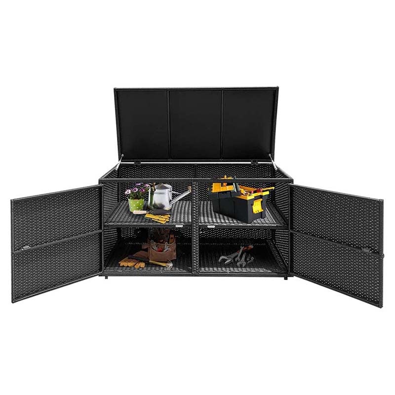 88 Gallon Patio Wicker Storage Box Rattan Deck Bench With Openable Door
