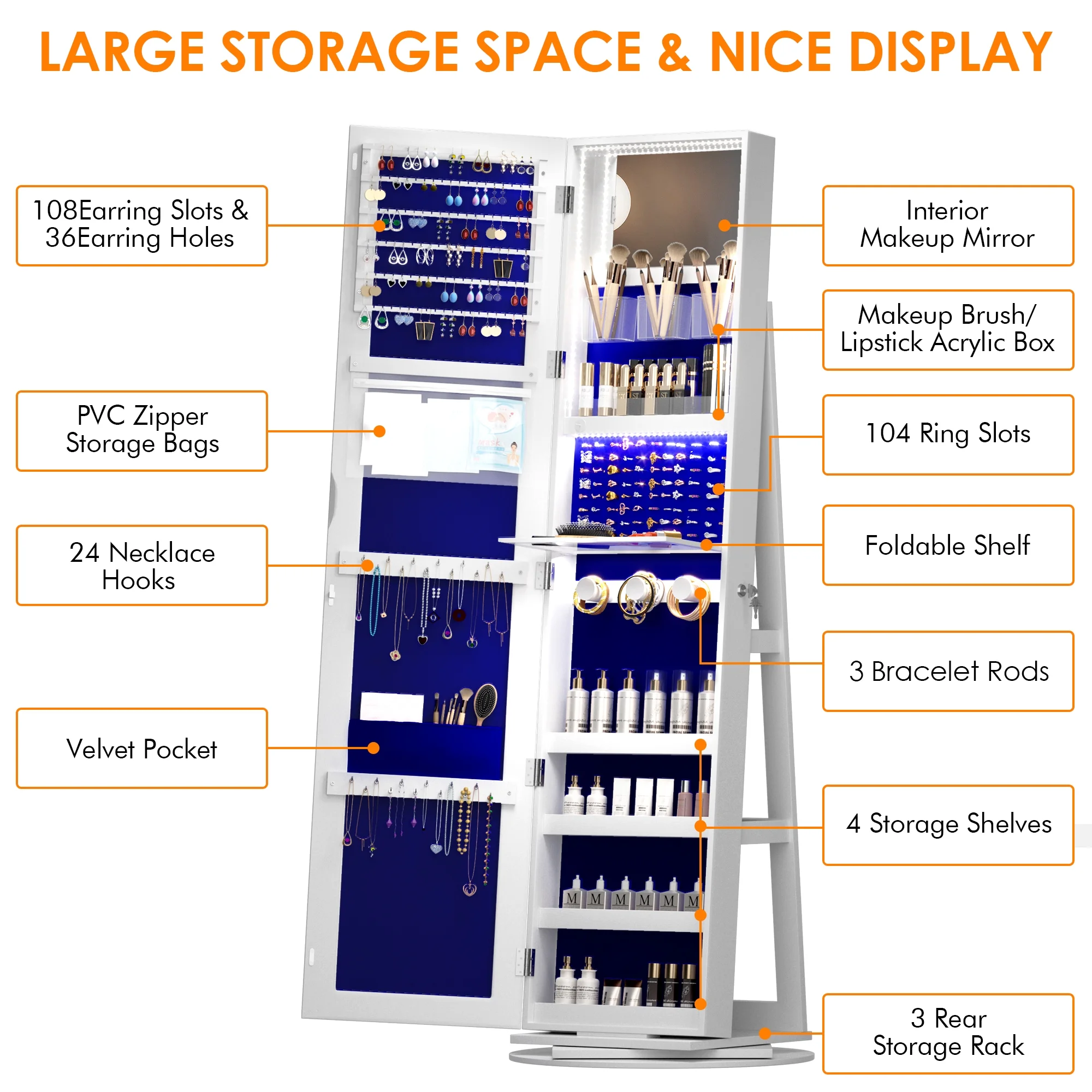 LVSOMT 360�� Rotating LED Jewelry Armoire with Full Length Mirror, Jewelry Cabinet Large Standing Lockable Mirror Jewelry Organizer with Inner Makeup Mirror & Soft Velvet for Living Room Bedroom