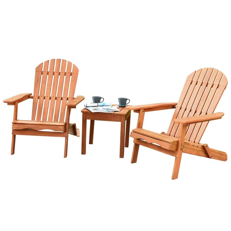 3 Pcs Slatted Design Wooden Adirondack Chair Set With Side Table Amp 2 Folding Lounger Chairs - High Quality Set For Everyday Use