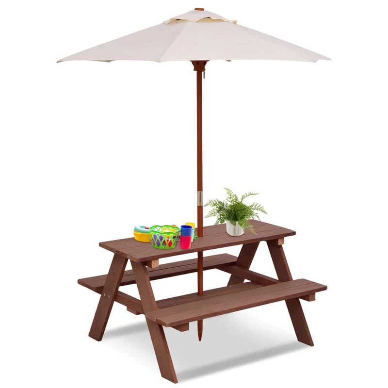 4 Seat Outdoor Kid039S Wood Picnic Table Bench Set With Umbrella Children Activity Table With Built In Benches - High Quality Set For Everyday Use