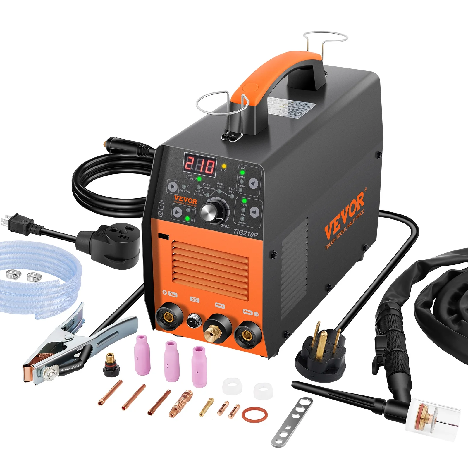 VEVOR 210Amp TIG Welder 110/220V Dual Voltage HF TIG/Stick/Clean 3 in 1 Welder w/ Pulse, IGBT Inverter & Torch, Digital Arc Welding Machine for Stainless Steel, Iron, Mild Steel, Copper, and Nickel
