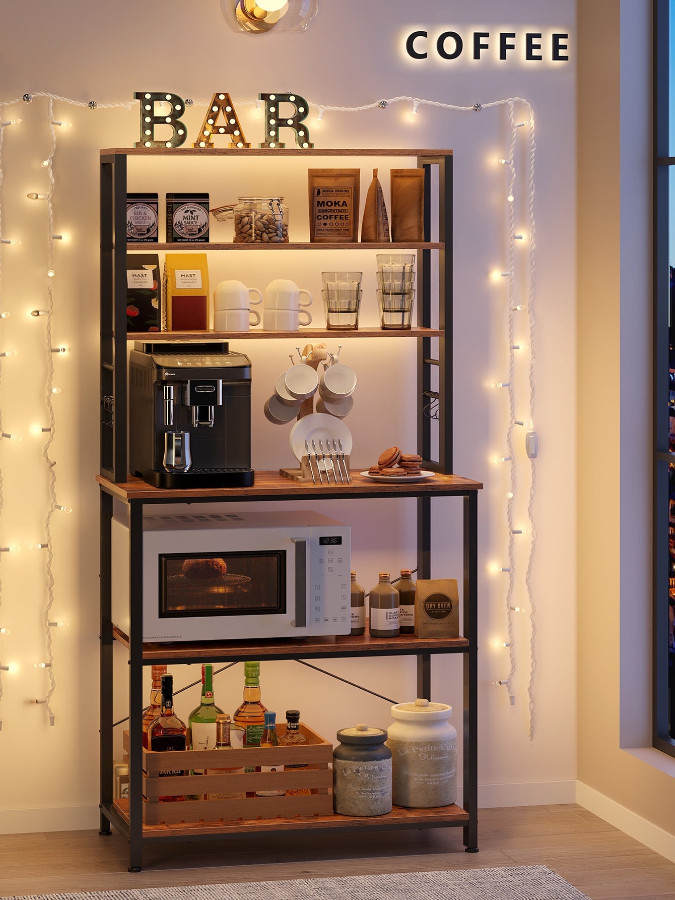 VASAGLE Baker's Rack, Microwave Oven Stand, Rustic Brown and Black