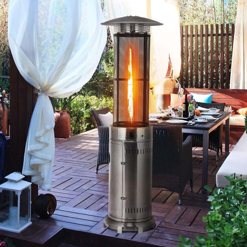 41000 Btu Standing Propane Patio Heater With Wheels Stainless Steel Round Glass Tube Gas Outdoor Heater