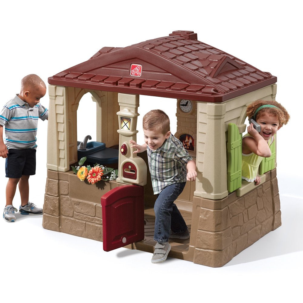 Step2 Neat & Tidy Cottage II Brown Playhouse for Kids �C Outdoor Plastic Toy with Dutch Door & Kitchen Setup