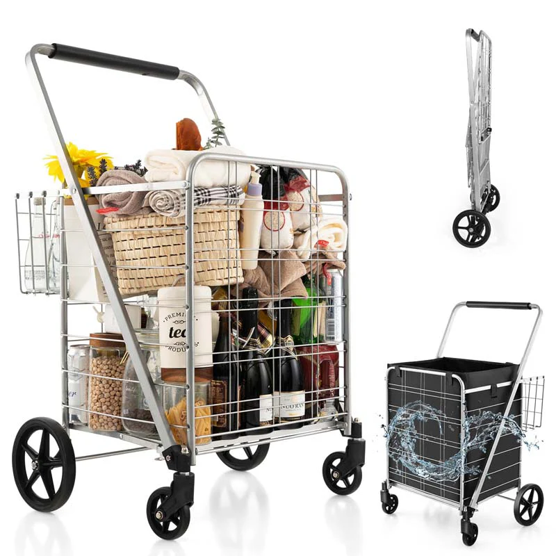 275 Gallon Jumbo Folding Shopping Cart With Waterproof Liner Amp Double Basket Heavy Duty Portable Utility Cart For Grocery Market Laundry