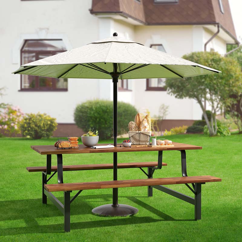 71Quot Acacia Wood Picnic Table Bench Set With 2Quot Umbrella Hole Heavy Duty Metal Frame Outdoor Dining Table Set - High Quality Set For Everyday Use
