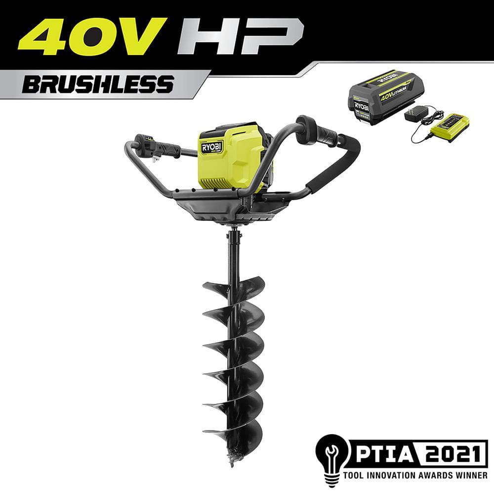 40V HP Brushless Cordless Earth Auger with 8 in. Bit with 4.0 Ah Battery and Charger RY40710
