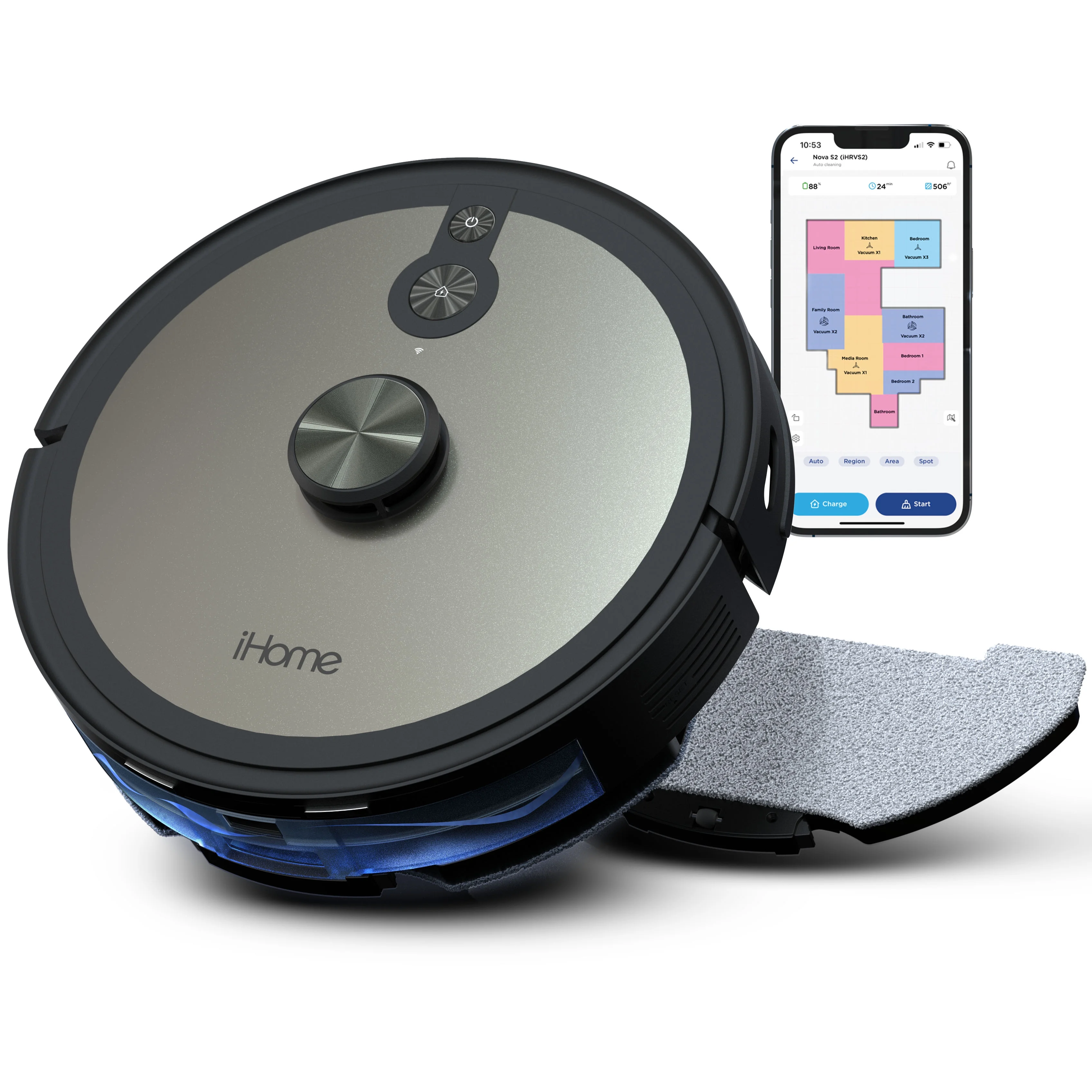 iHome AutoVac Nova S2 Robot Vacuum and Mop with LIDAR Mapping, Customized Cleaning, 150 Min Runtime, 2700pa Suction, App + Remote Control, New